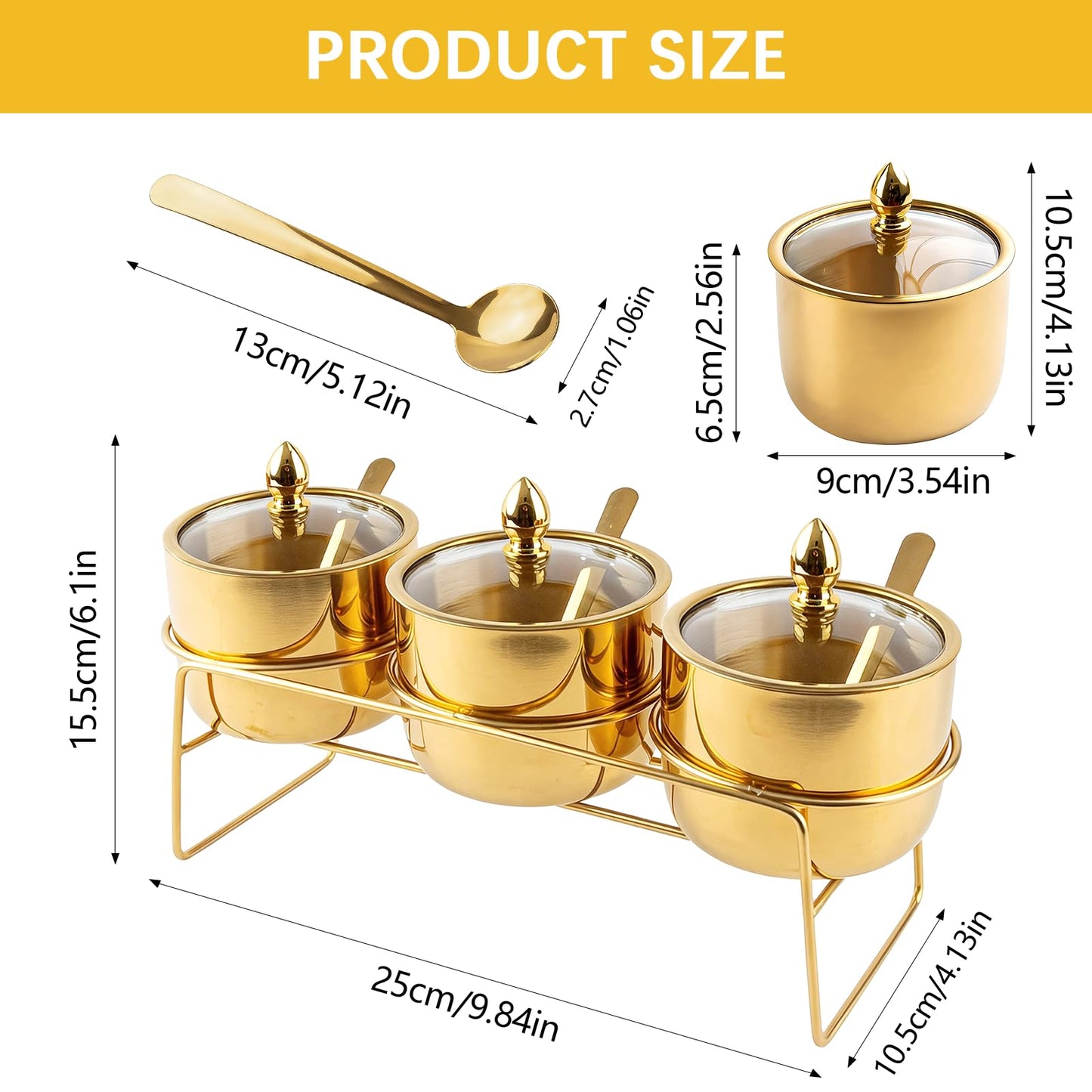 Orepzinc 3 Pcs Gold Coffee and Sugar Dispenser with Storage Rack - Stainless Steel Gold Sugar Container Condiment Dispenser with Glass Lid and Spoon for Home Kitchen for Salt, Coffee Bean