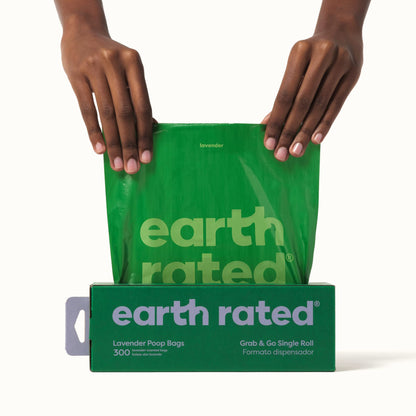 Earth Rated Dog Poo Bags, Thick Grab and Go Single Roll, Ideal for Backyard Pickups, Lavender Scented, 300 Bags