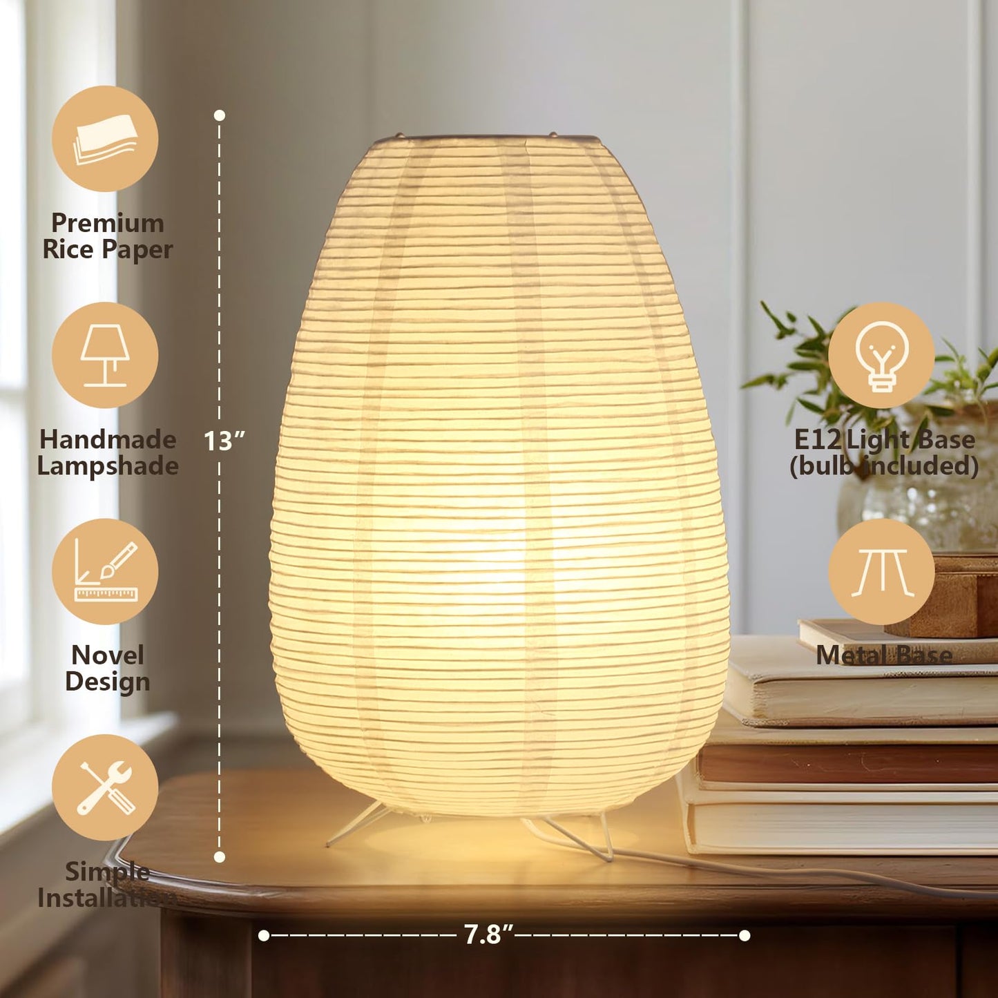 CMHSYTKE Small Rice Paper Lamp, Japanese Lamp Lantern Table Lamp, Paper Table Lamp, Lantern Lamps for Desk Bedrooms Bedside Night Light (Tower)