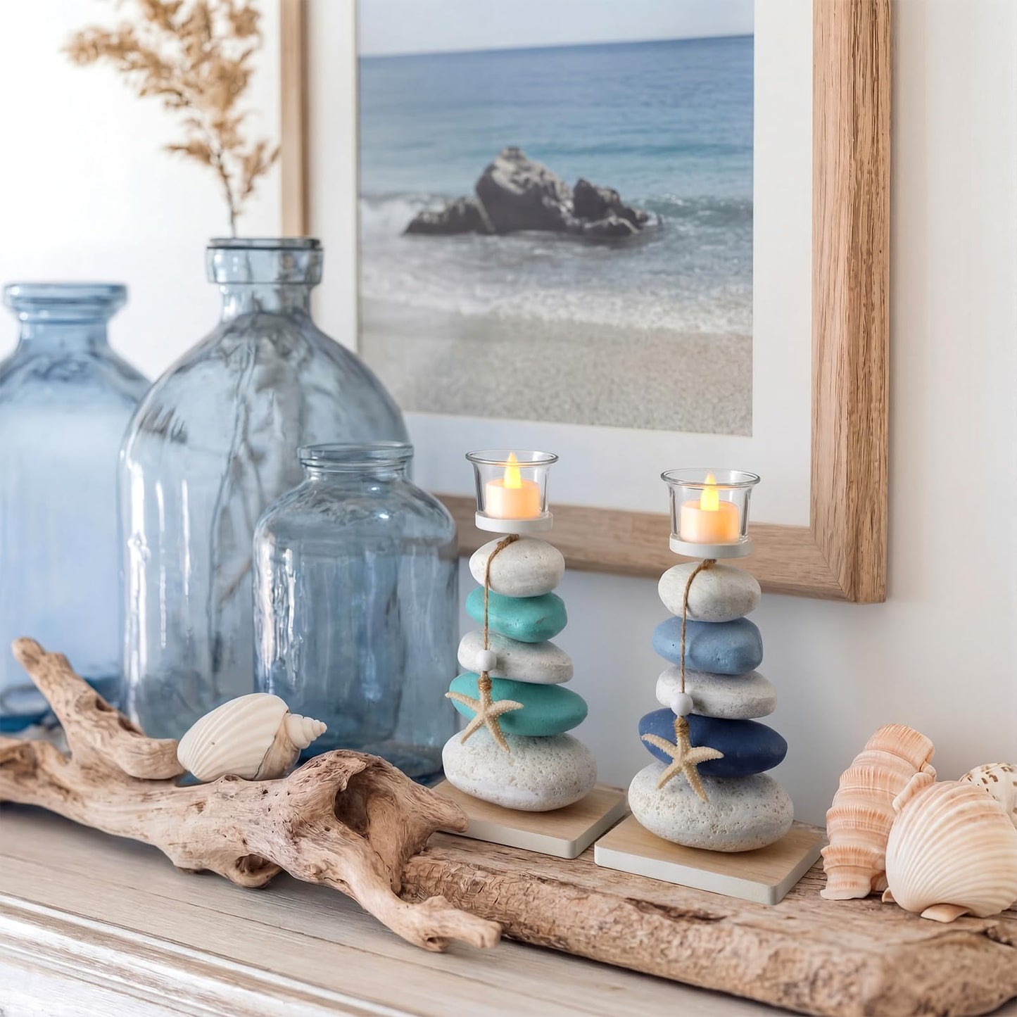 Mumufy 2 Pcs Farmhouse Coastal Candle Holder with Natural Stone Starfish, Stone Candle Holder Blue Teal Ocean Theme Drift Bottle Design Nautical Rustic Decor for Home Bathroom Table Centerpiece