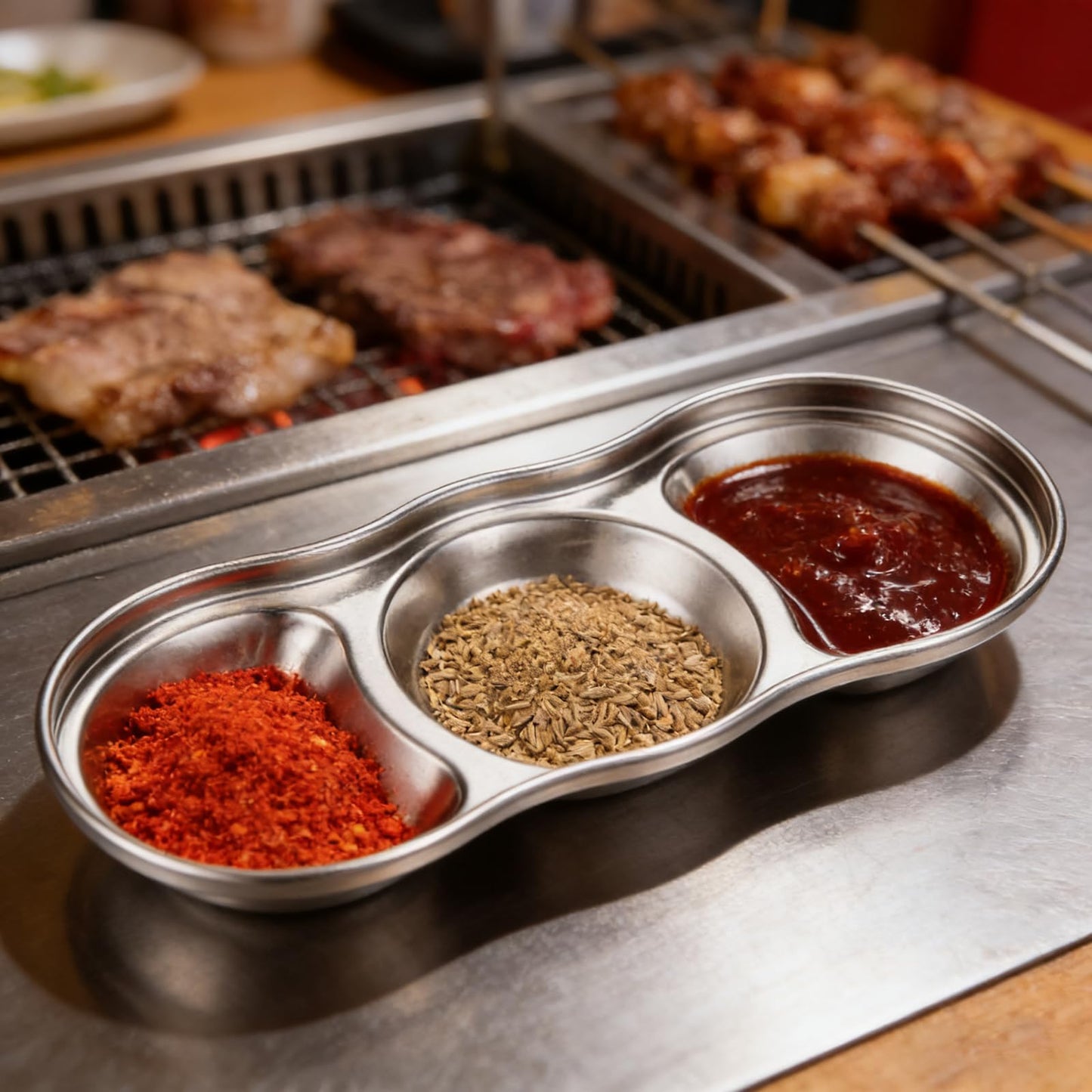 Zynexa 6 Pcs Soy Sauce Dish Stainless Steel 3 Compartment Korean Sauce Plate Condiment Tray Banchan Dishes for BBQ Vinegar Spice Salt Sugar Home Restaurant (Silver (Type 2))