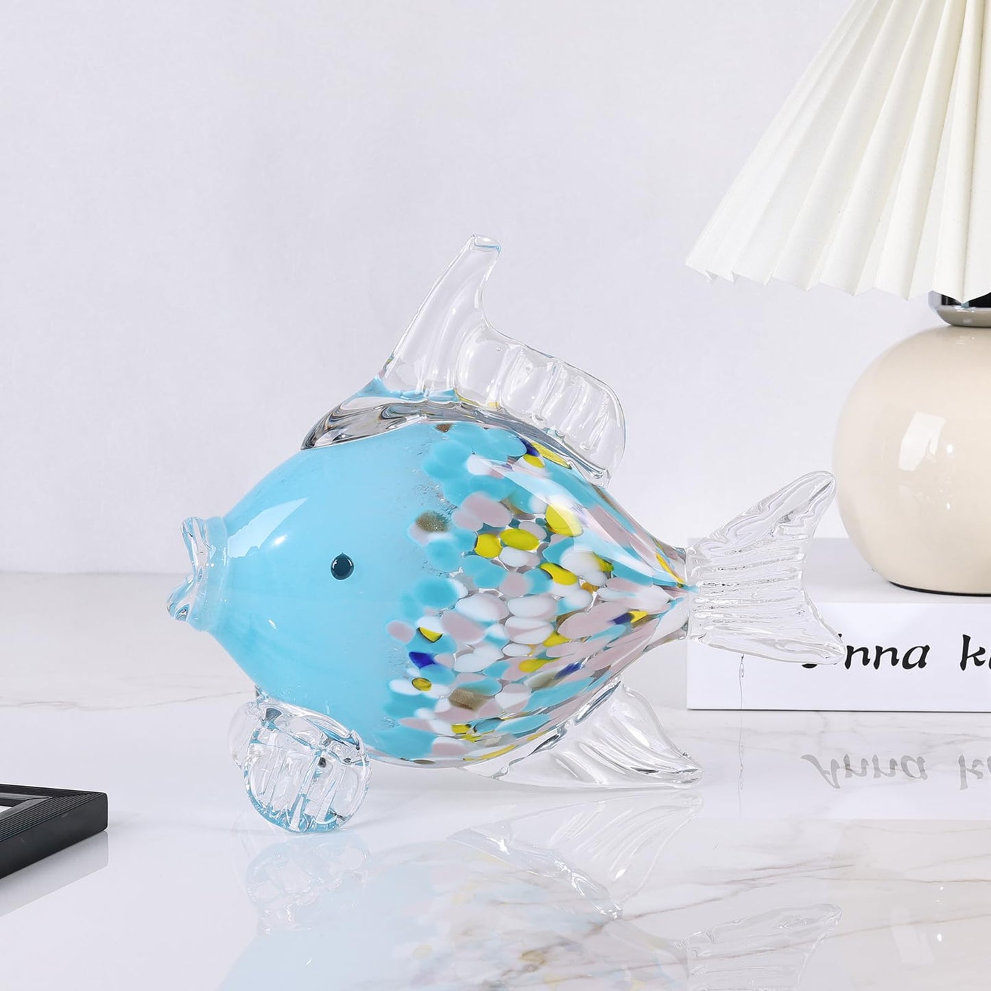 LINYTHER Large Glass Fish Figurine for Home Decor, Hand Blown Art Glass Ocean Animal Statue, Decorative Coastal and Beach Themed Sculpture for Table, Shelf, Bathroom, Living Room or Office
