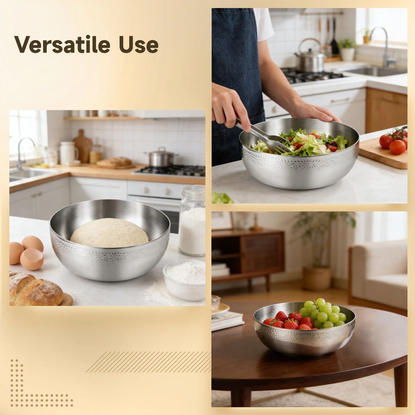 DORMIYA Extra Large Stainless Steel Hammered Salad Bowl - 11 in Large Popcorn Bowl for Kitchen, Long-lasting Mixing Bowl, Versatile Food Prep Bowl for Salad, Egg Beating, Decorative & Kitchen Serving