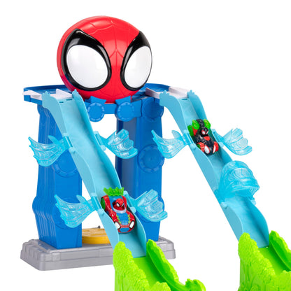 Marvel Spidey and His Amazing Friends Spidey’s Mega Jump HQ Track - 39-Inch Dual Race Track with Elevator, Control Center, Web Tunnels and Two Exclusive Amazing Metals Vehicles