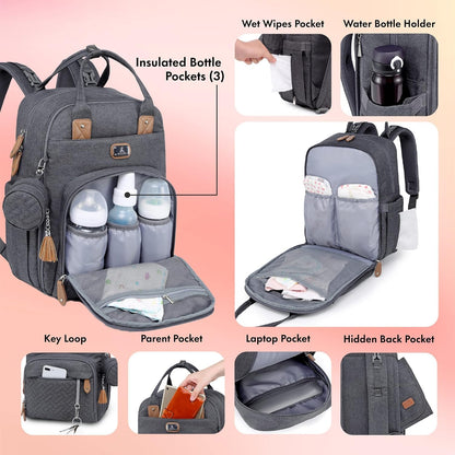 Dikaslon Baby Changing Bag Backpack, Large Baby Bag for Mum and Dad with 19 Pockets, Spacious Nappy Changing Bags with Mat, Pacifier Holder, Stroller Straps, Durable Polysteer (Dark Grey)