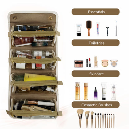 YDR 4-in-1 Travel Makeup Bag with Detachable Pouches, Large Hanging Toiletry Organizer for Women, Waterproof PU Leather Cosmetic Bag for Brushes, Toiletries & Skincare, Portable Roll Up Case
