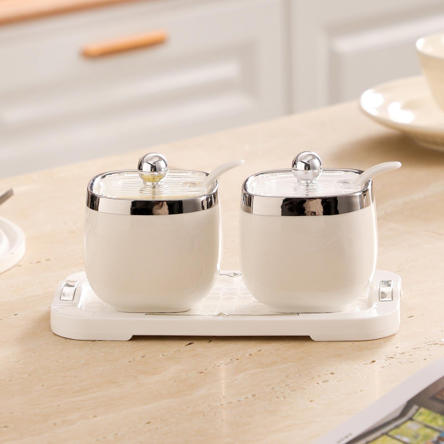 shuqiao Porcelain Condiment Jar Spice Container with Lid - Ceramic Spoon, Plastic Tray is the best clay pot for your home, kitchen, counter. White, 280 ml (9.4 oz), 2-piece set (3, Circle)