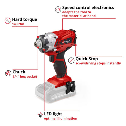 Einhell Power X-Change 140Nm Cordless Impact Driver - 18V, 2300 RPM, 1/4" Hex Bit Mount, LED Light - TE-CI 18/1 Li Solo Battery Powered Impact Drill (Battery Not Included), Red