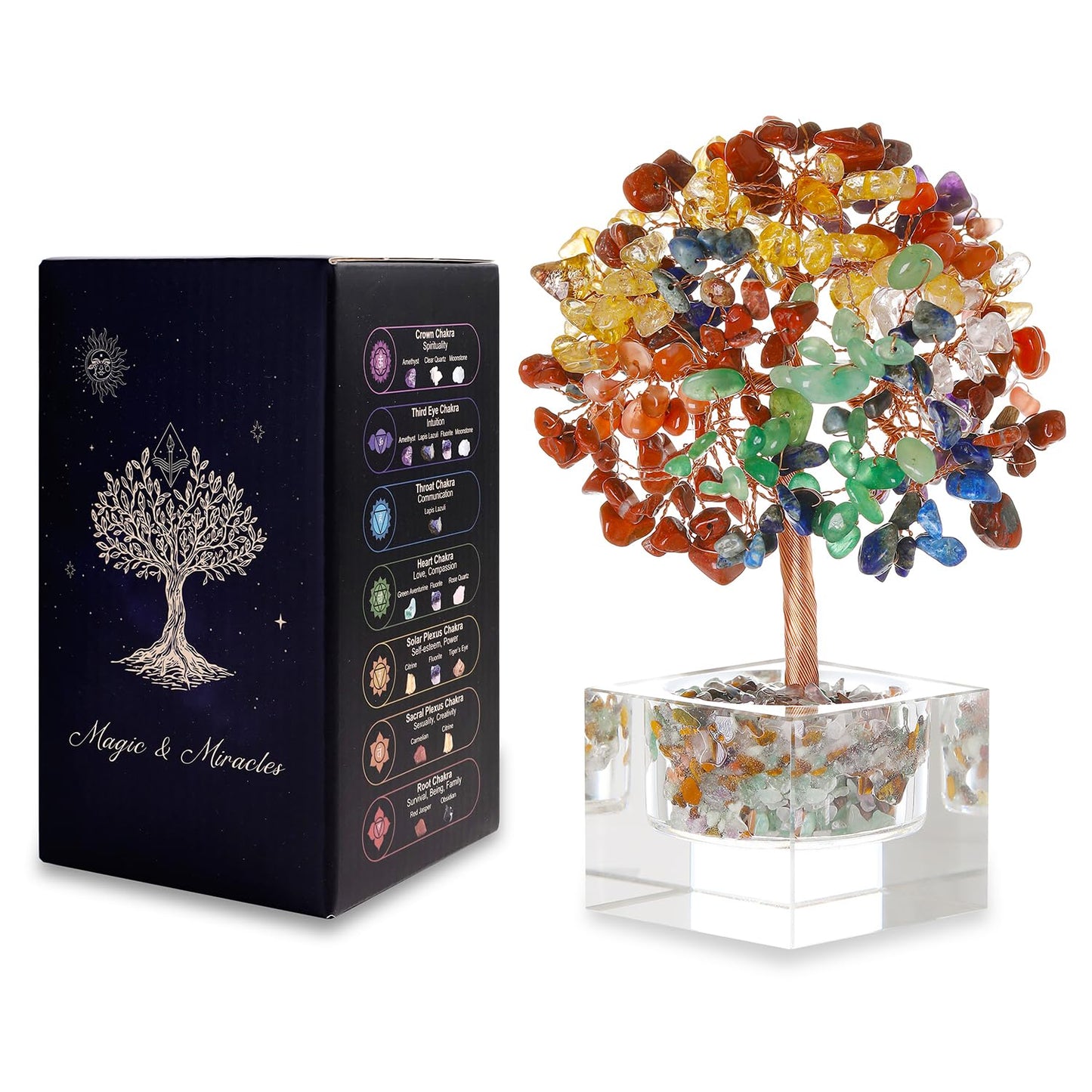 7 Chakra Tree of Life Healing Crystal Trees Bonsai Tree Office Desk Decor Home Living Room Decorations Birthday Housewarming Good Luck Meditation Yoga Gifts for Women Mom, Handmade Unique Present