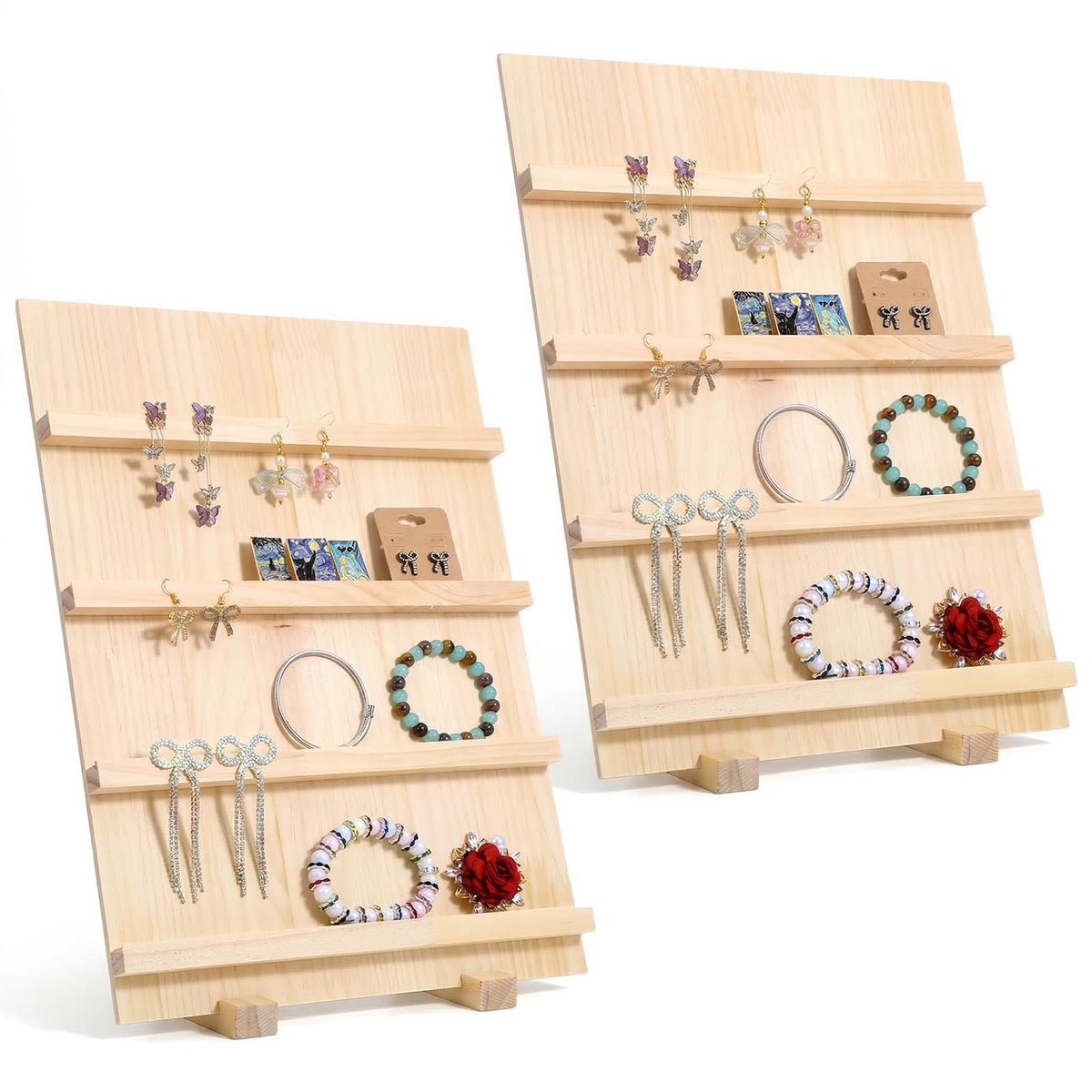 Leooomap 2-Pack 4-Tier Wooden Earring Display Stand, Rustic Earring Display Card Holder with Slots for Jewelry Storage, Craft Shows, and Retail Storefront