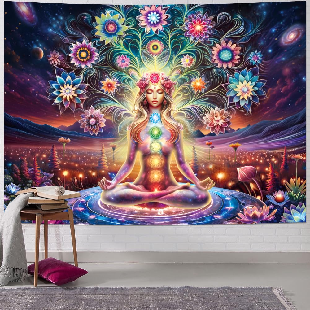 Dermijer Blacklight Seven Chakra Yoga Meditation Tapestry Flower Chakra Tapestries Galaxy Space Planet Tapestry UV Reactive Lotus Tapestries Wall Hanging for Home Decor 78.7L x 59.1W