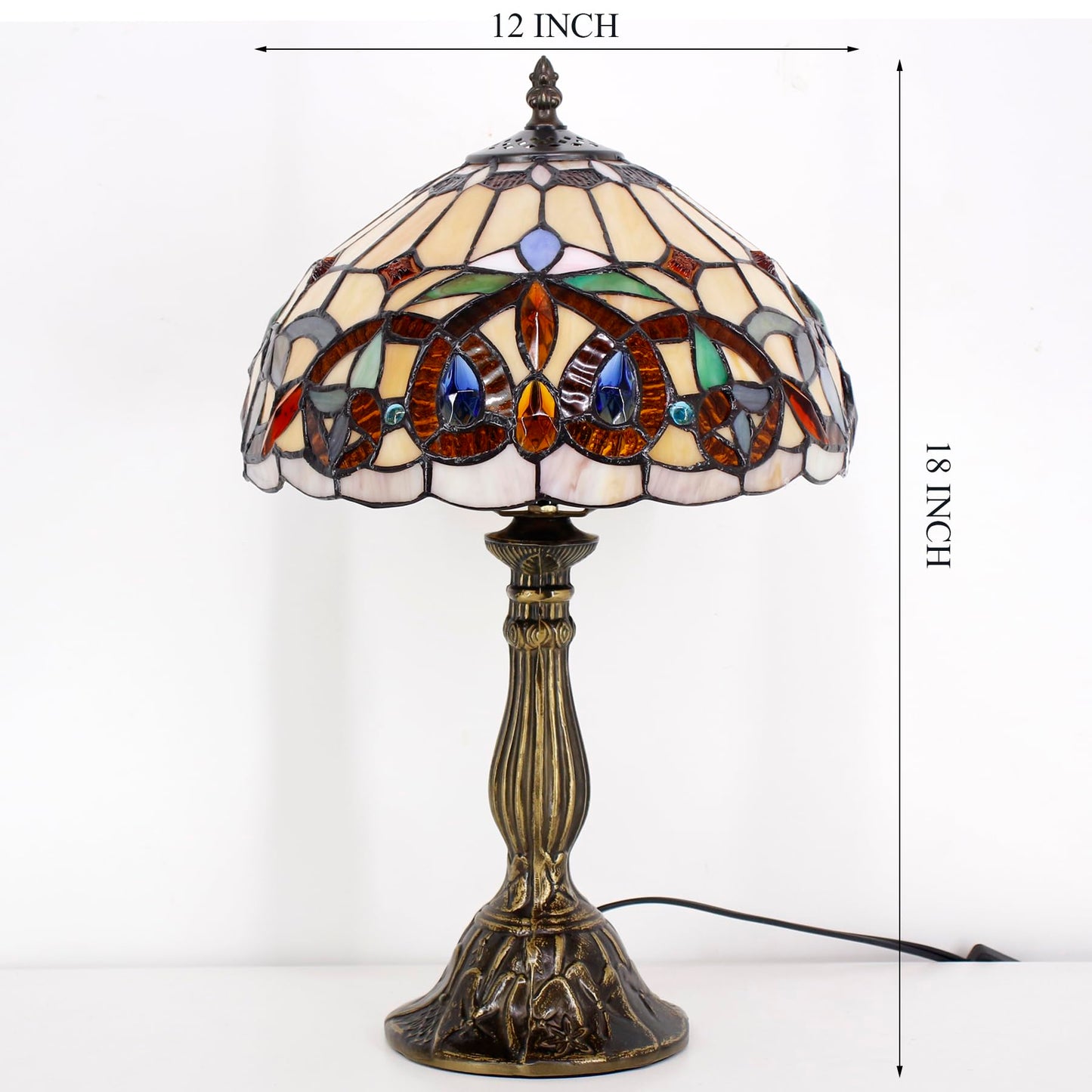 WERFACTORY Tiffany Style Table Lamp Stained Glass Serenity Victorian Bedside Lamp Desk Reading Light 12X12X18 Inches Decor Bedroom Living Room Home Office S021 Series
