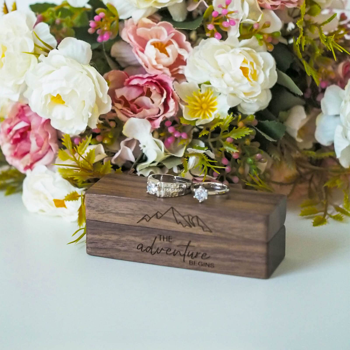 Muchly Engraved Flip Wooden 2 Ring box for wedding -Rustic Vintage Solid Wood rectangle Jewelry Storage Box