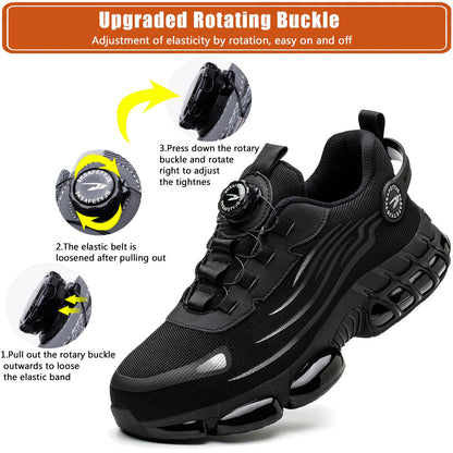OBIDER Safety Trainers, Safety Shoes Men Women, Comfortable Lightweight Work Shoes, Upgraded Swivel Buckle Shoelaces, Non Slip Work Trainers with Air Cushion Black