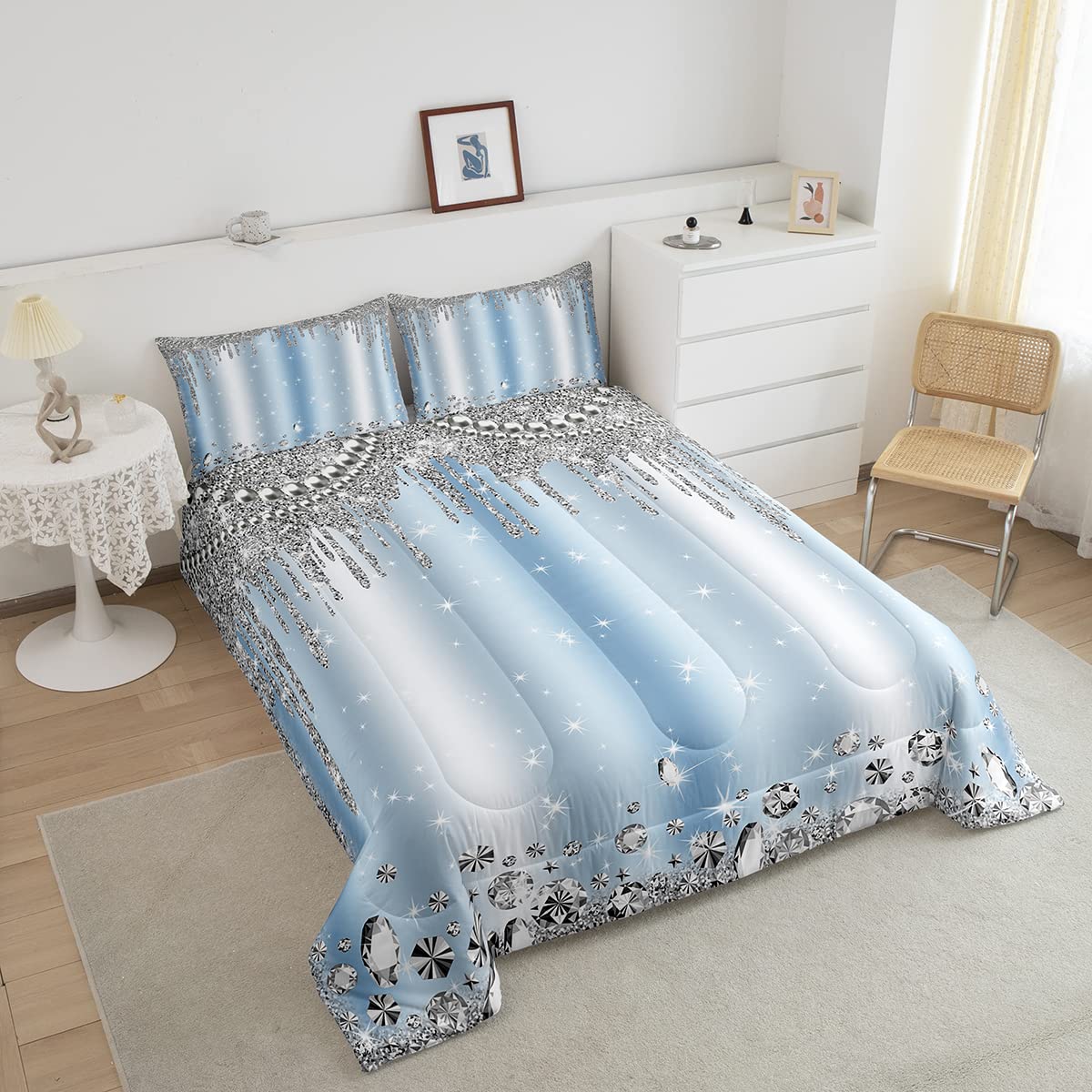 Silver Glitter Bedding Set (No Glitter) Bling Party Decorations Sky Blue Comforter Set for Kids Boys Girls Teens Diamond Jewelry Quilted Duvet Room Decor Galaxy Sparkling Bedspread Queen,3pcs