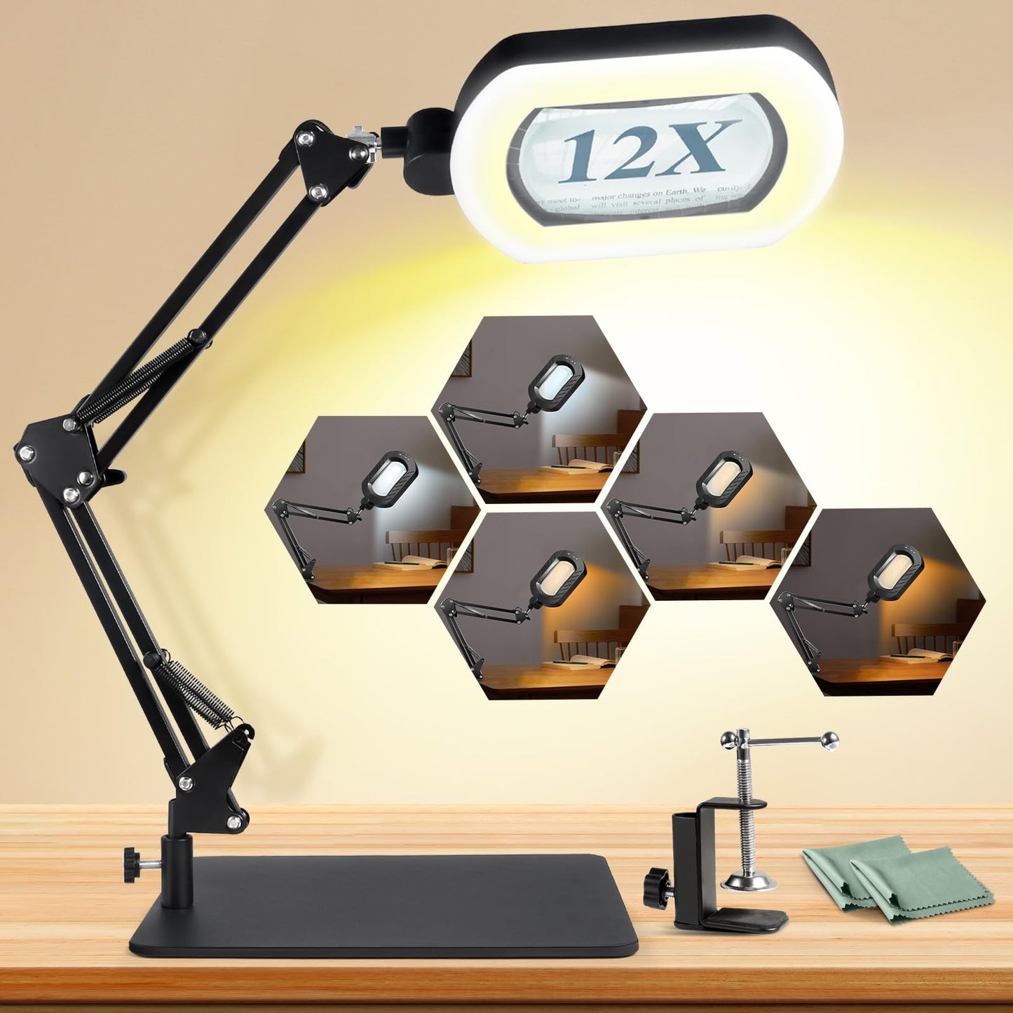 12X Square Magnifying Glass with Light and Stand with 144 LEDs Brightness, 5 Color Modes Hands Free Lighted Magnifying Glass, 10 Dimmable Brightness Magnifying Desk Lamp for Close Work Craft Reading