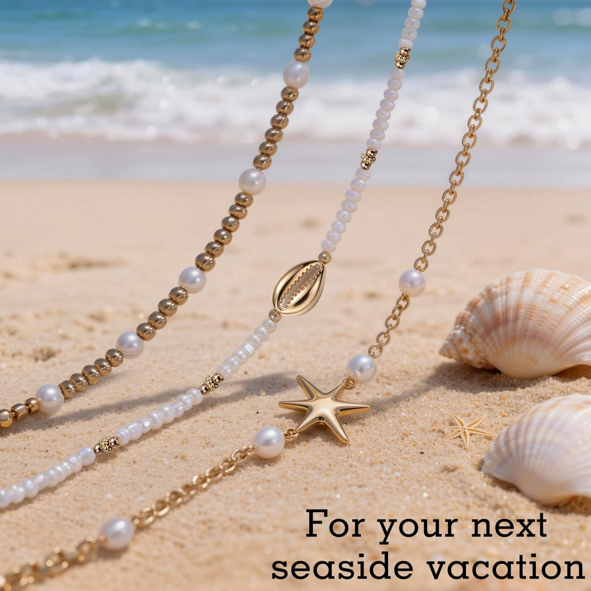 VOJO Starfish Seashell Necklace for Women, 3 Layers Stacked Summer Beach Necklaces, Colorful Polymer Clay Pearl Jewelry, 18K Gold Plated Tropical Hawaii Vacation Accessories, Tarnish Resistant Gifts (Pearl shell + starfish)