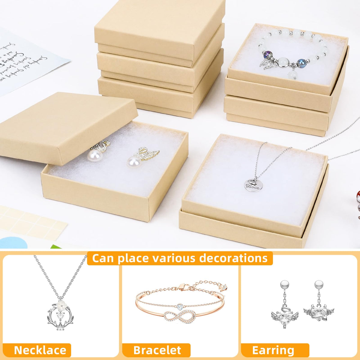 batifine Jewelry Gift Boxes, Cardboard Jewelry Boxes, 40 Pack 3.5x3.5x1 Inch, Bulk Cotton Filled Small Jewelry Boxes with Lids for Necklace Ring Bracelet Earring Display Box (Brown)