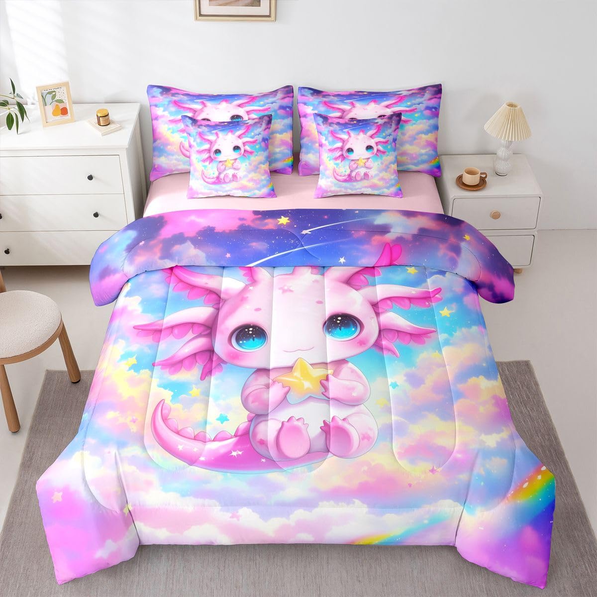 Erosebridal Kids Rainbow Axolotl Queen Bedding Set Girls Cute Axolotl Comforter Set with Flat and Fitted Sheet Rainbow Dreamy Stars Clouds 7-Piece Bed in a Bag Colorful Space Sky Quilt Sets