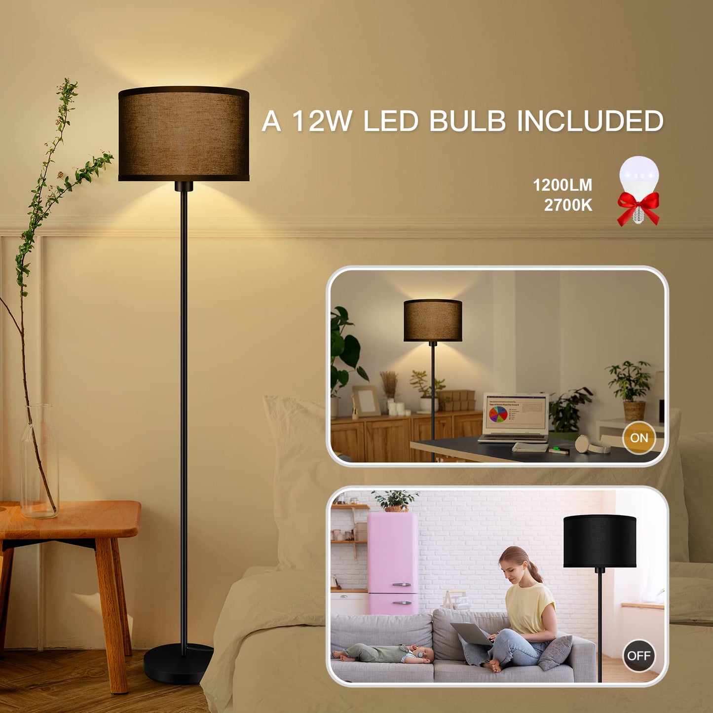 Floor Lamp Black, Standing Lamp, 58" Tall Lamps for Living Room, Simple Pole Lamp with Black Lampshade, On/Off Foot Pedal, Bright Dimming Light for Kids Room Bedroom Office Decor(Without Bulbs)