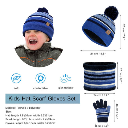 Kids Winter Hat Scarf Gloves Set, Kids Toddler Knit Warm Beanie Hat Scarf Gloves Set with Fleece Lined for 3-8 Year Old