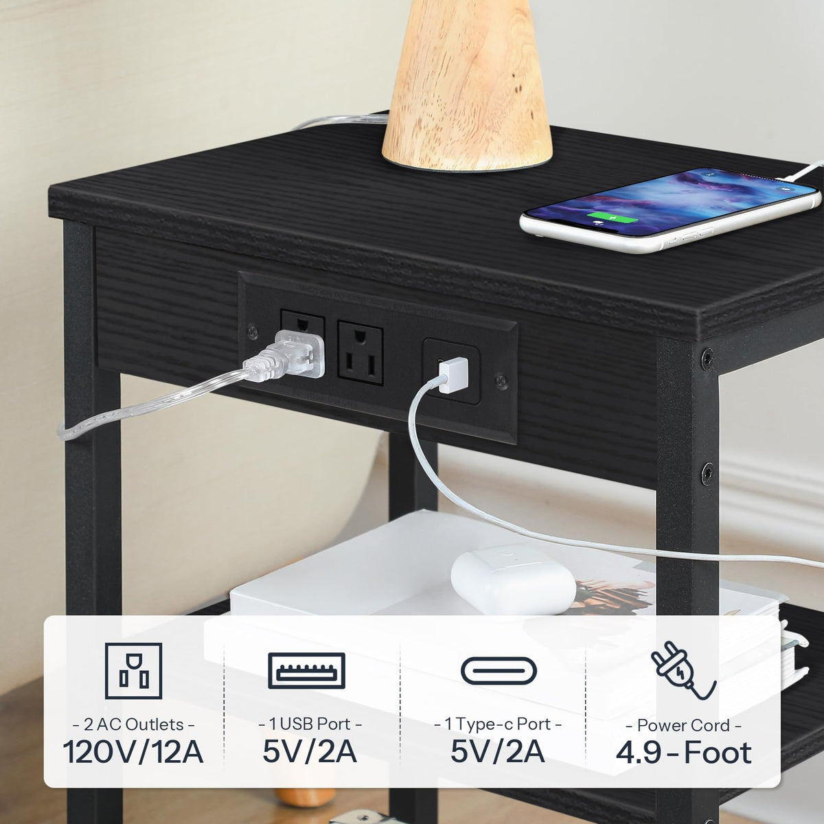 HOOBRO Side Table with Charging Station and USB Port, Small End Table for Small Space, 3-Tier Nightstand with Adjustable Shelf, for Living Room, Bedroom, Black BB112BZ01