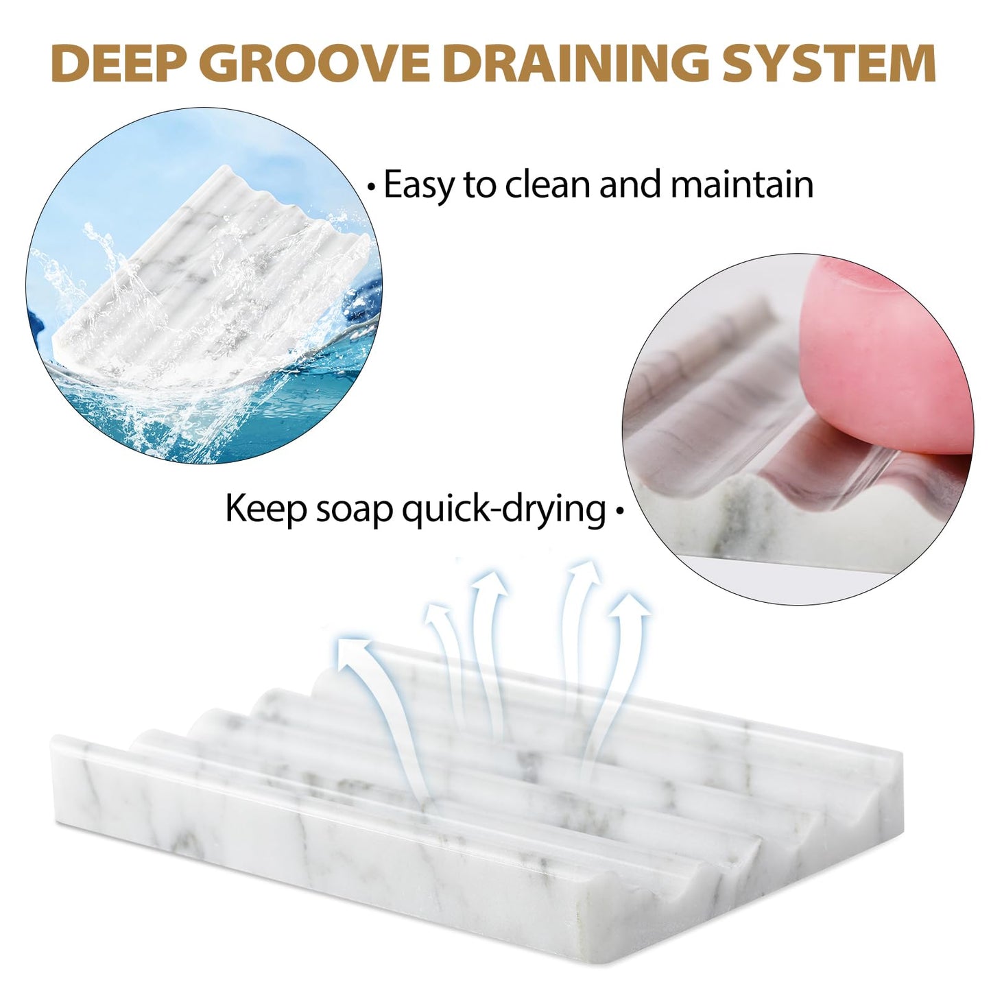 2PCS Koville Italian Natural Marble Soap Dish for Shower, Stone Soap Tray for Bathroom, Bar Soap Holder for Sink, Stripe Grooves Saver Keep Bars Dry Easy Clean (Bianco Carrara)