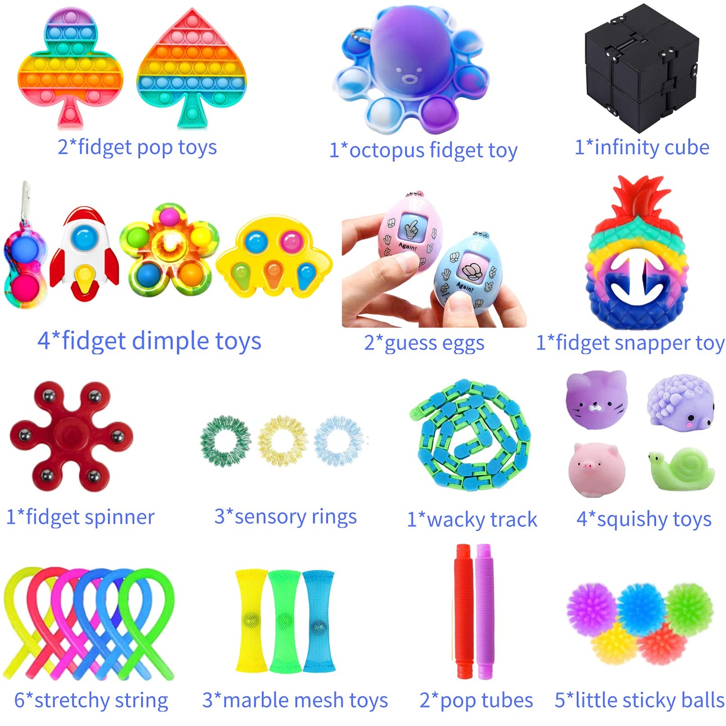Chennyfun Fidget Toy Set, 36PCS With Box Fidget Pack, Sensory Anxiety Relief Stress Toys for Autism, Fidget Toy in Rainbow color, Octopus Relaxing Entertainment Birthday Gift for Kids Adults