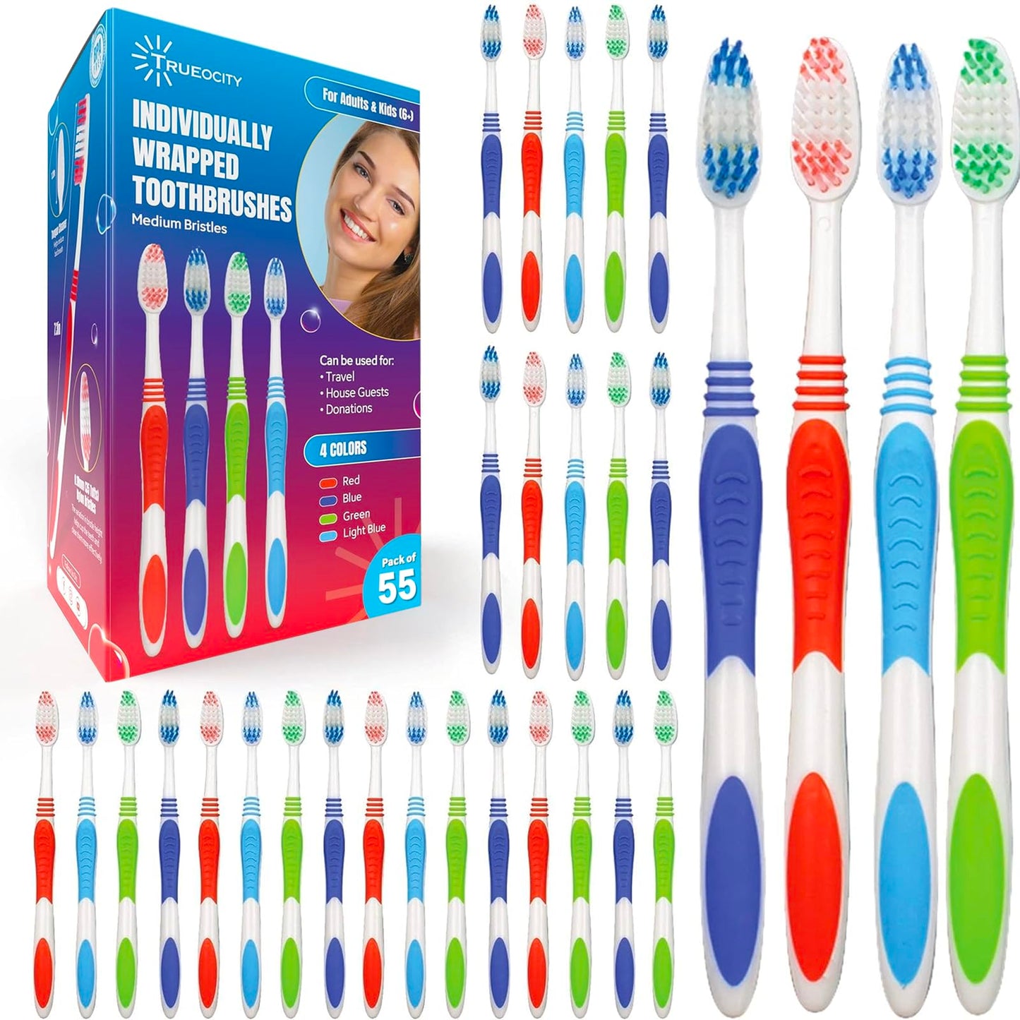 Toothbrushes Bulk Individually Wrapped – 55 Pack Medium Bristle, Multi-Colored Toothbrushes for Adults and Kids, Travel & Hospitality Multi-Pack