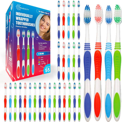 Toothbrushes Bulk Individually Wrapped – 55 Pack Medium Bristle, Multi-Colored Toothbrushes for Adults and Kids, Travel & Hospitality Multi-Pack