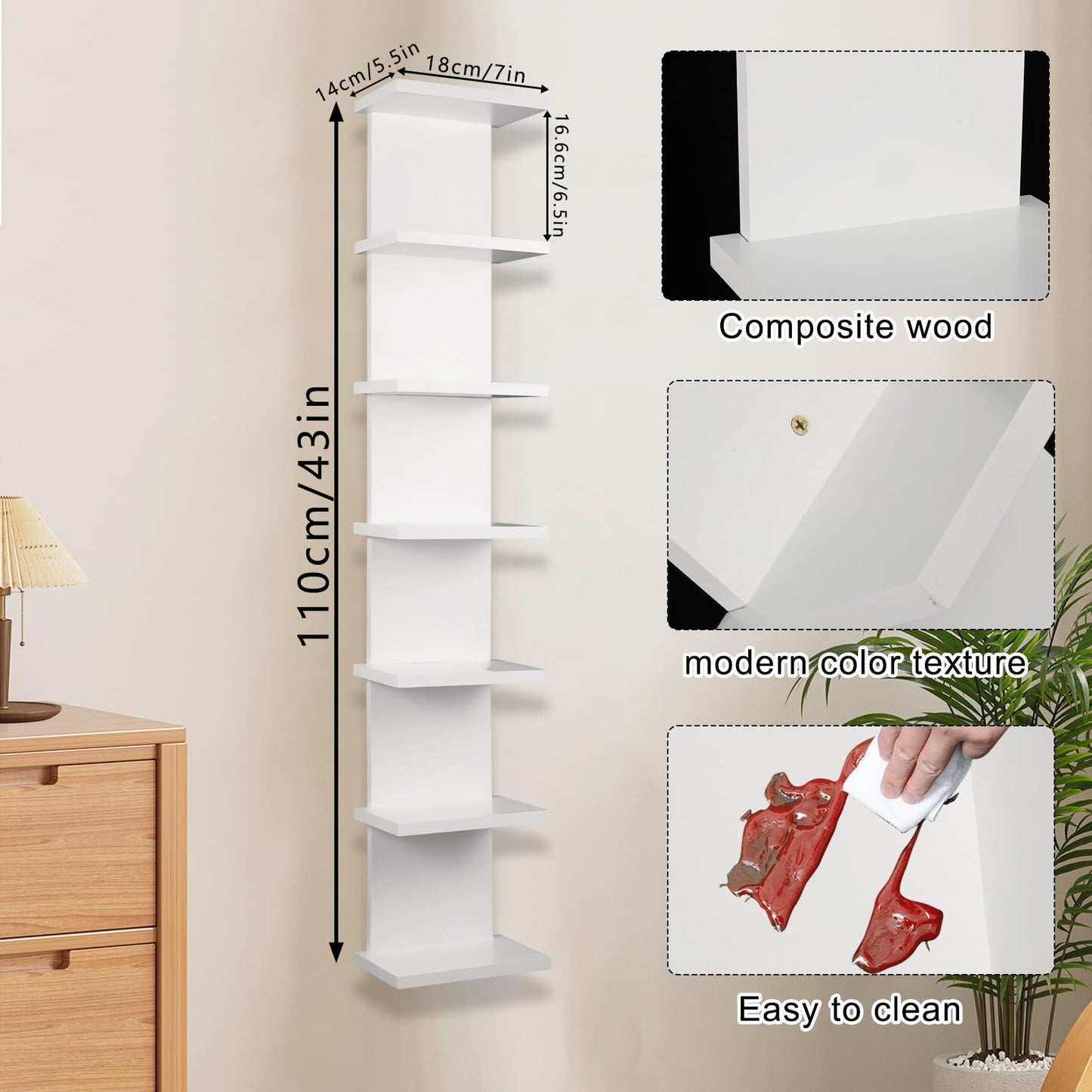 Sibosen 7-Tier Wall Shelf Unit - Compact Display Floating Shelves,Lack Floating Shelf, Vertical Column Wall Decor Mount Float Storage Organizer Tall Tower Shelves for Bedrooms, Living Rooms