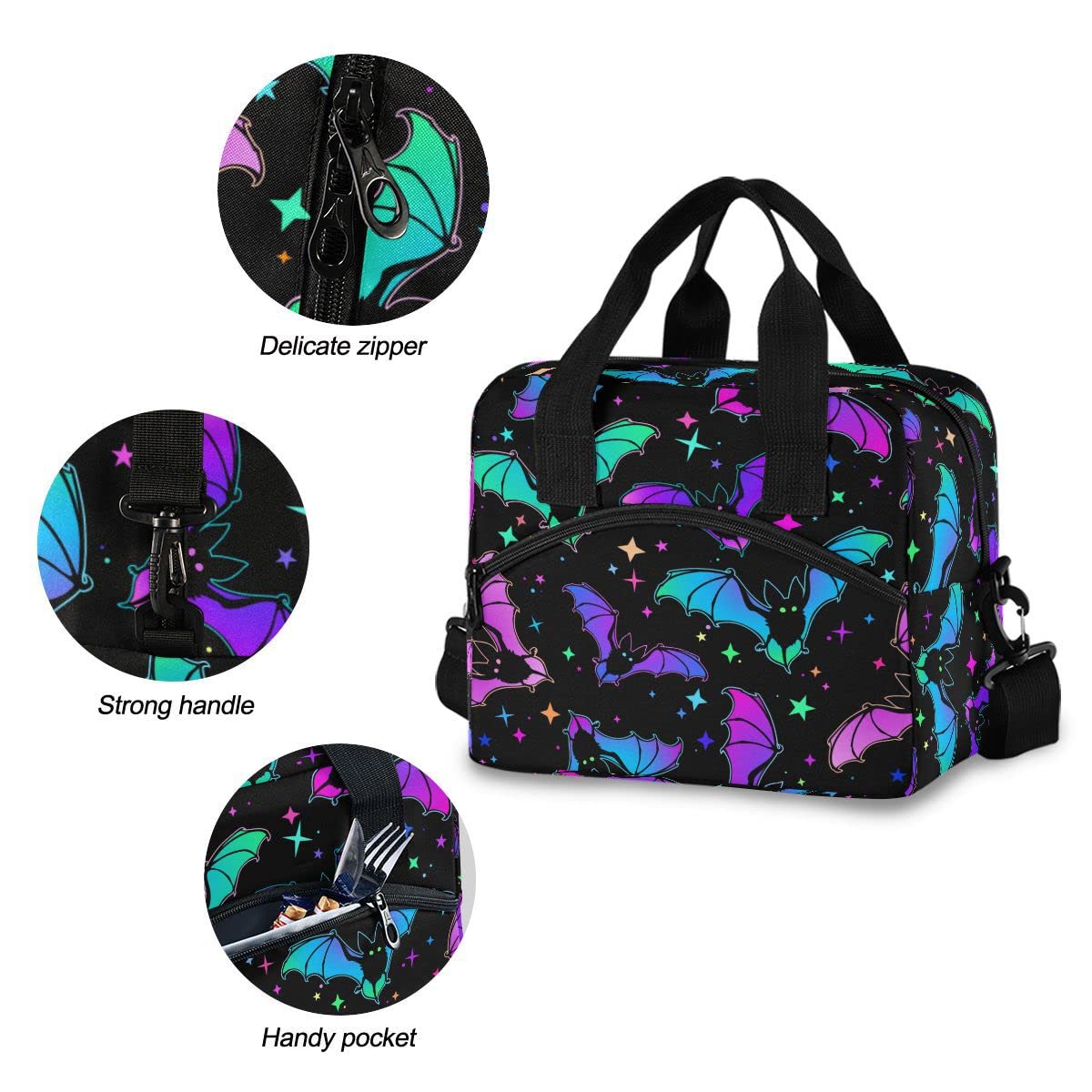 MNSRUU Insulated Lunch Bag Halloween Luminous Bats Women Lunch Tote Men Lunch Cooler Bag Reusable Leakproof Lunch Bag For Work School