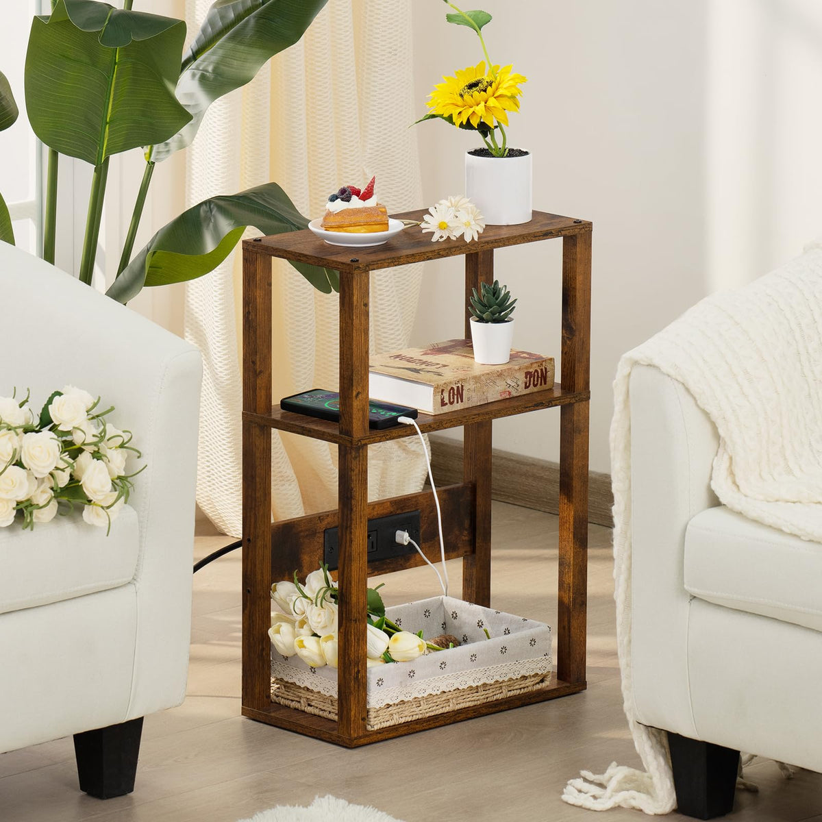 YUFAM 3-Tier Small Narrow Wood Side Table with Charging Station, Skinny Nightstand for Small Space, Slim Bedside Table with Storage for Couch, Thin End Table with USB Ports and Outlets, Rustic Brown