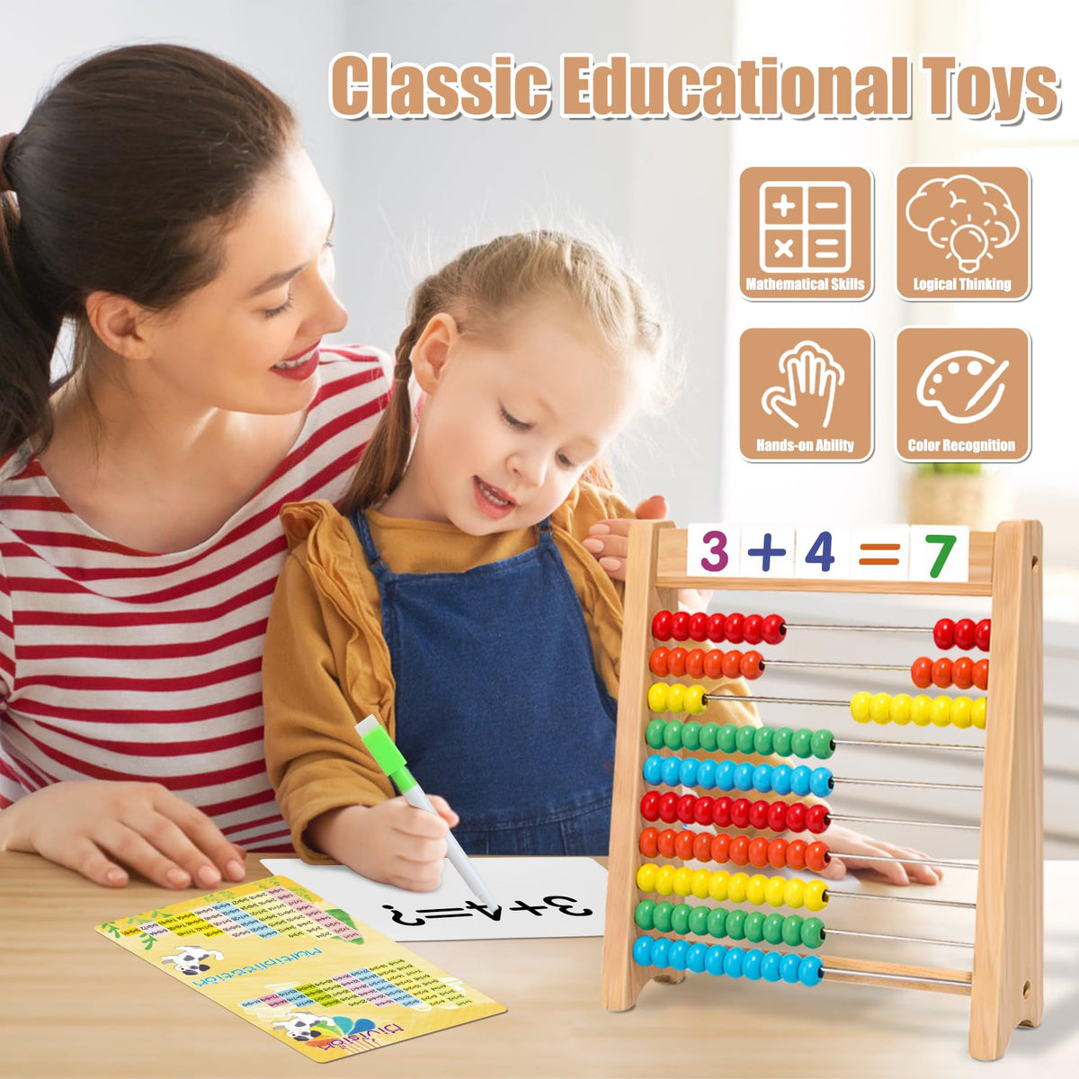 Ranqibo Wooden Abacus for Kids Math - 10-Row Counting Toy with 100 Beads, Number Cards & Counting Sticks, Educational Counters for Kids Math Gift for Age 3 4 5 6 7 Year Old Boy Girl
