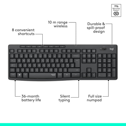 Logitech MK295 Silent Wireless Mouse & Keyboard Combo with SilentTouch Technology, Full Numpad, Advanced Optical Tracking, Lag-Free Wireless, 90% Less Noise, QWERTY UK English Layout - Black