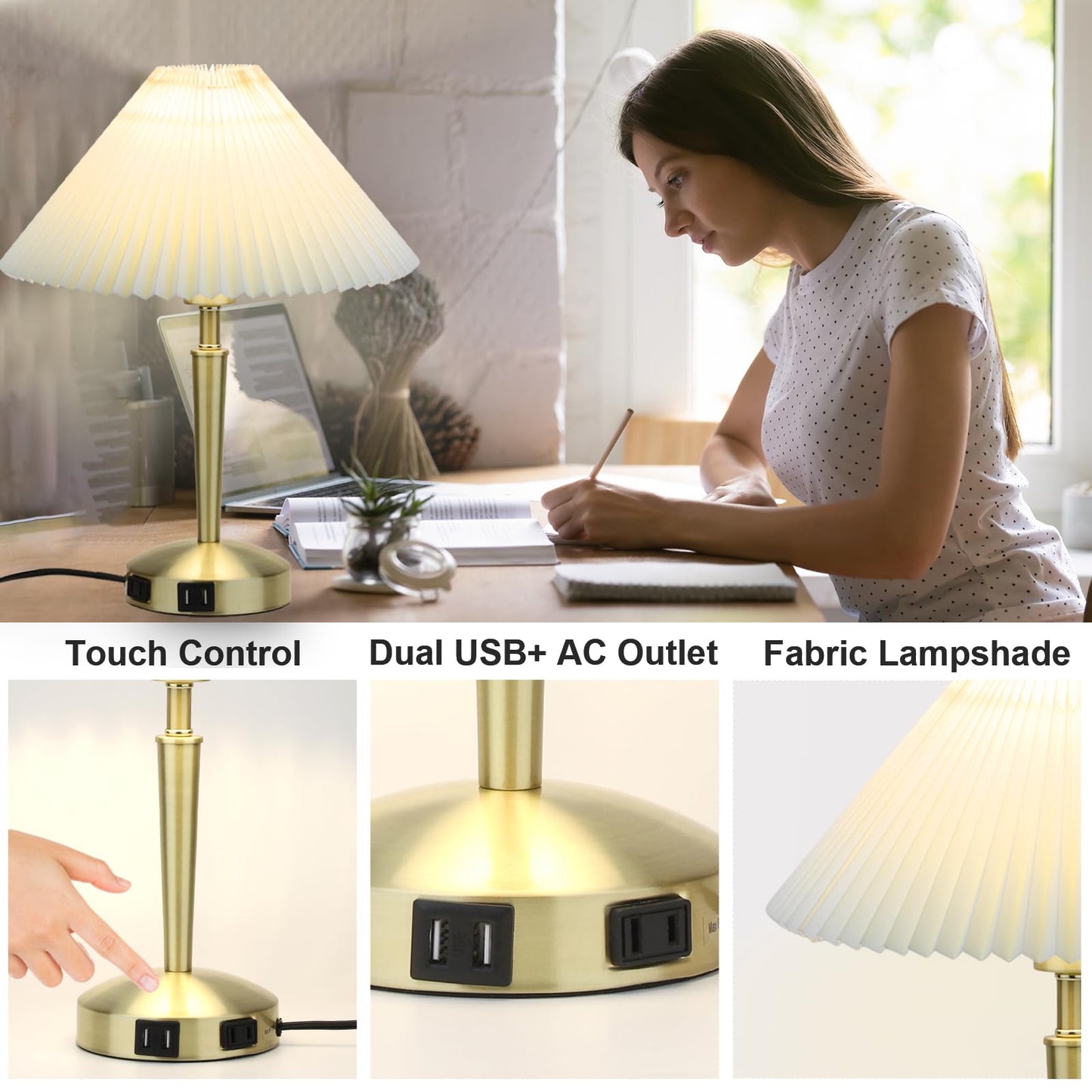 Touch Bedside Table Lamp - Modern Small Lamp for Bedroom Living Room Nightstand, Desk lamp with Fabric Lamp Shade, Warm LED Bulb, 3 Way Dimmable, Simple Design Mother's Day Gifts (Gold)
