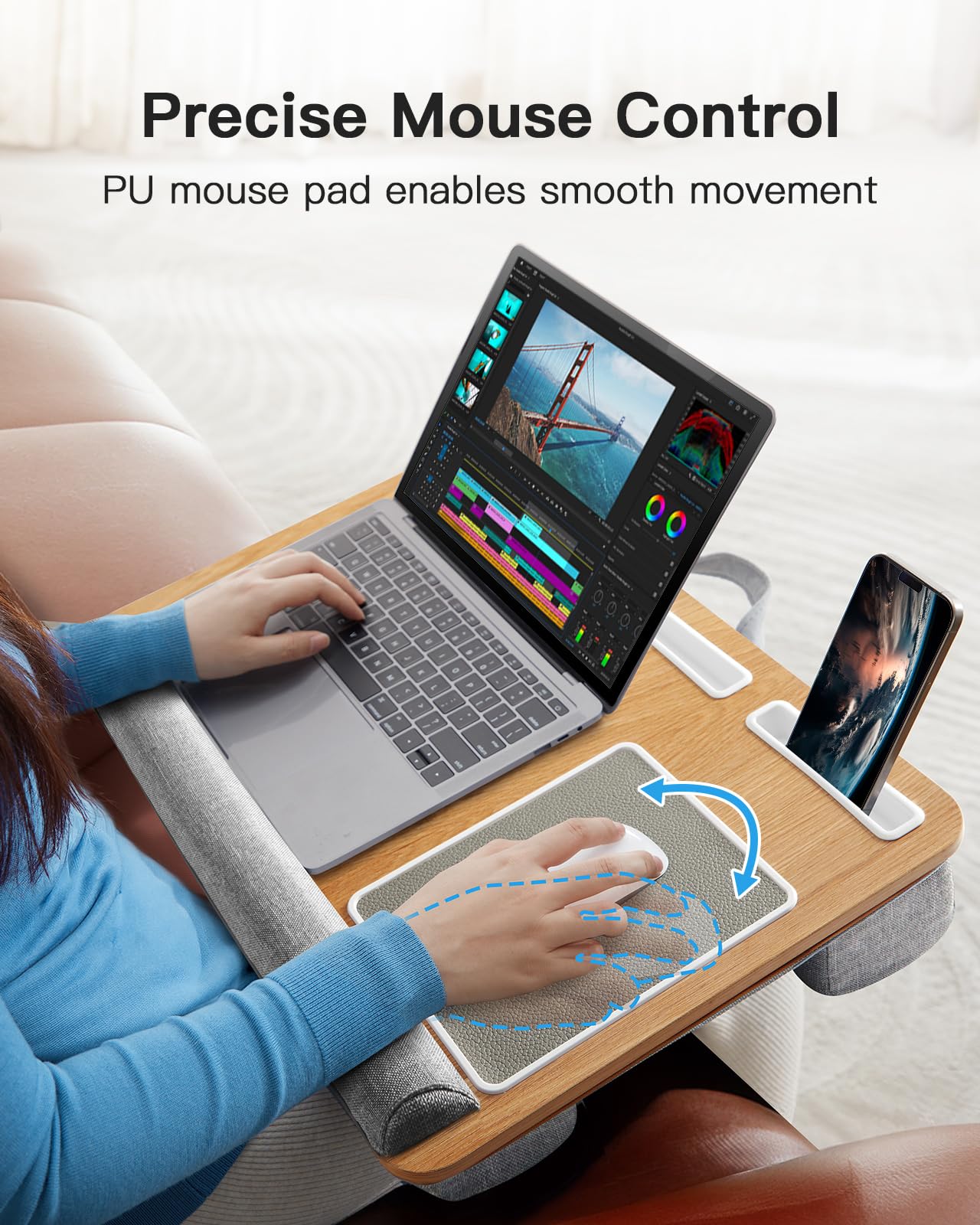 HUANUO Lap Desk - Fits up to 17 inches Laptop Desk, Built in Mouse Pad & Wrist Pad for Notebook, Laptop, Tablet, Lap Stand with Tablet, Pen & Phone Holder, Wood Grain