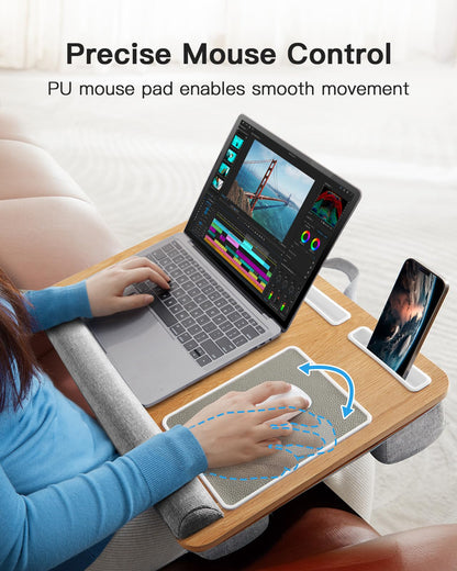 HUANUO Lap Desk - Fits up to 17 inches Laptop Desk, Built in Mouse Pad & Wrist Pad for Notebook, Laptop, Tablet, Lap Stand with Tablet, Pen & Phone Holder, Wood Grain