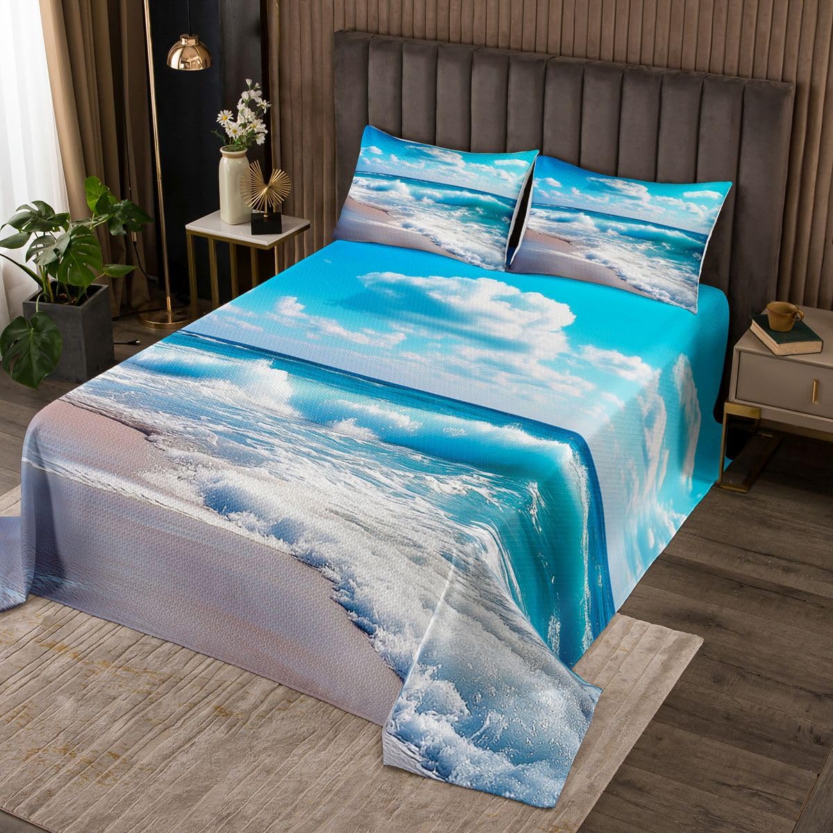 jejeloiu Beach Bedspread Queen Size Ocean Sea Coverlet Set Blue Coastal Summer Quilted Coverlet for All Season with 2 Pillowcases Microfiber Lightweight