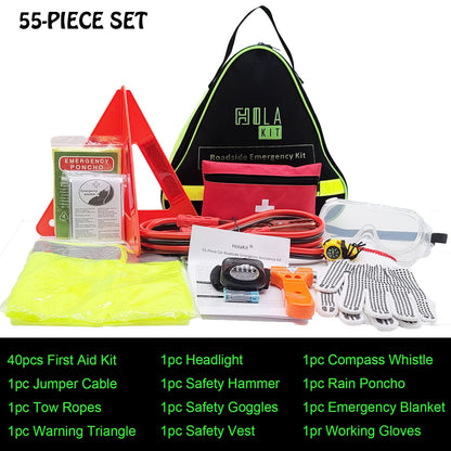 HolaKit Auto Emergency Kit, 55-Piece Car Emergency Roadside Kit with Jumper Cables, First Aid Kit, Safety Hammer, Goggles, Tow Ropes and More Ideal Car Essential Accessories for Women and Men