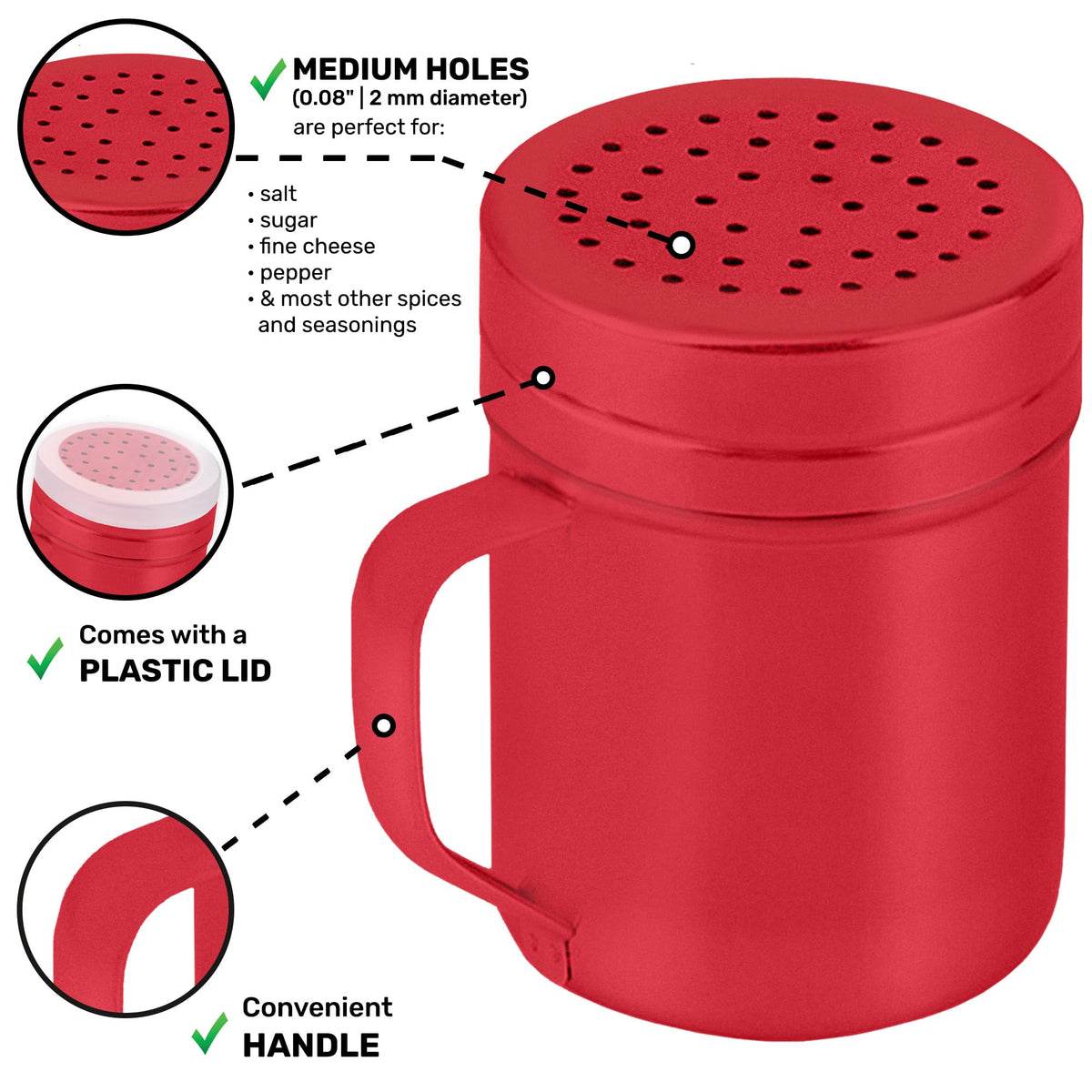 CUSINIUM 10oz Red Stainless Steel Salt Pepper Dredge Shakers - With Plastic Cap - With Handle - Pack of 2