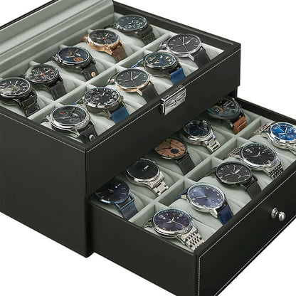 J&T Technology 20-Slot Watch Box for Men,2 Layers Watch Box Organizer,Watch Display Case with Glass Lid,Watch Holder Organizer with Removable Pillows,Gift for Loved Ones(20 Slot)
