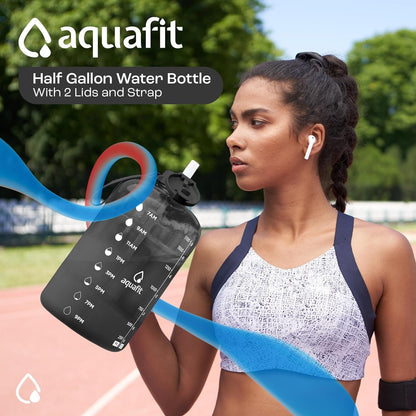 AQUAFIT 64 oz Water Bottle with Time Marker - Straw & Chug Lid - BPA Free Half Gallon Gym Water Bottle with Handle - Big Gallon Jug (Gray, 64 Ounces)