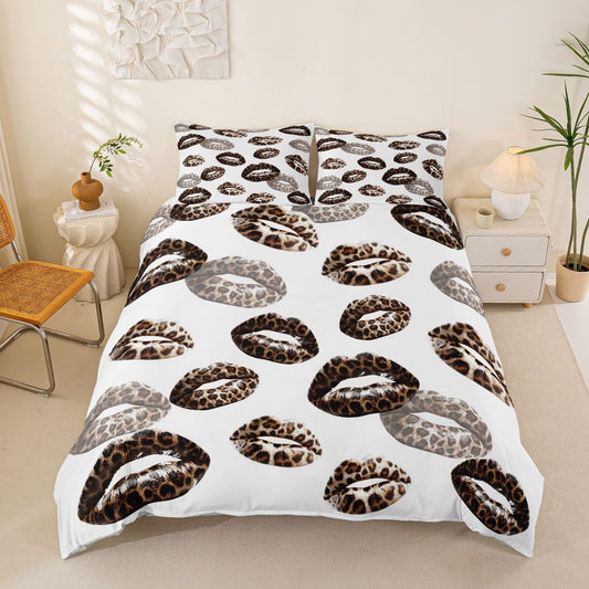 Feelyou Leopard Print Lips Duvet Cover King Size Romantic Kissing Lips Comforter Cover for Boys Girls Cheetah Print Bedding Set 3Pcs Room Decor