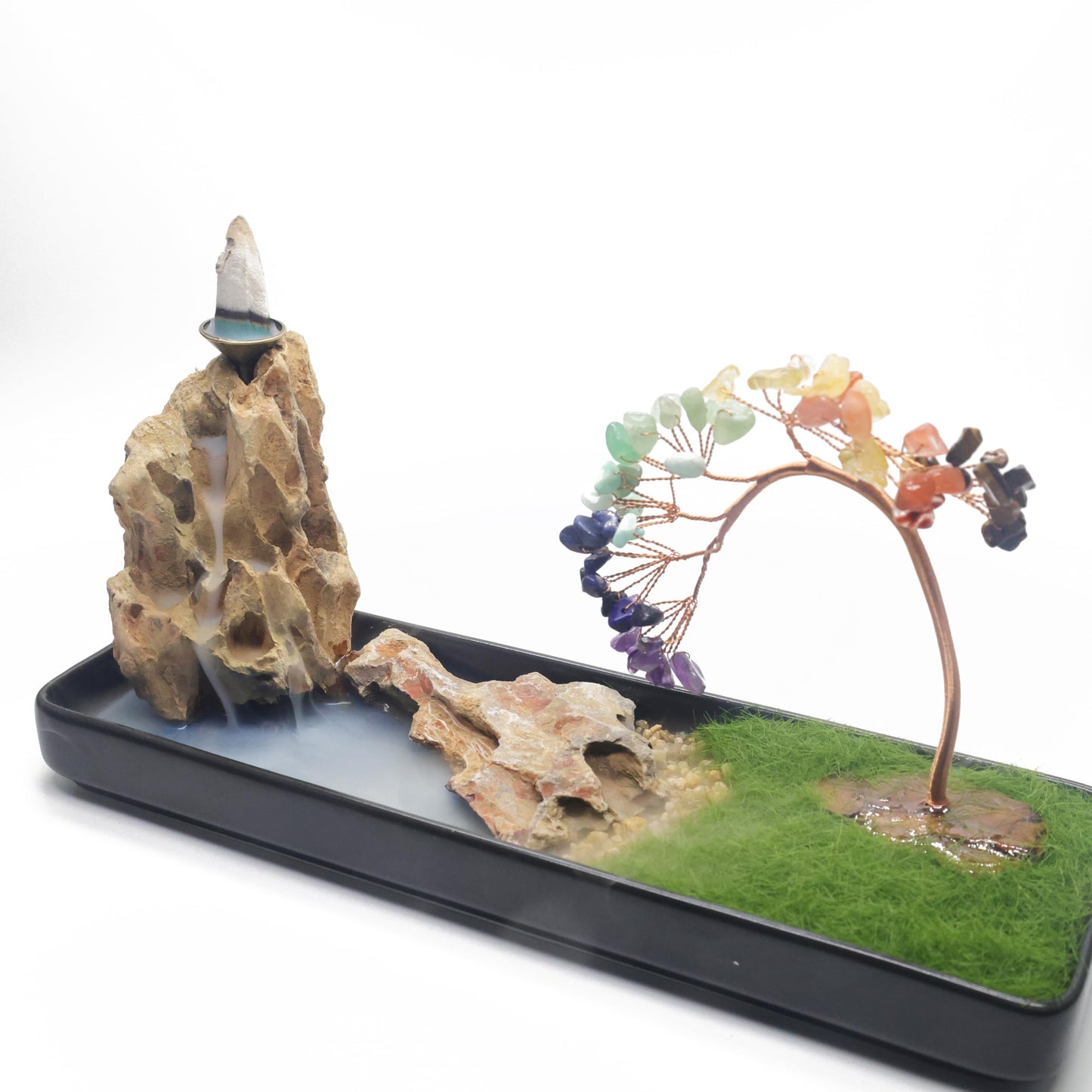 Lavoio Chakra Backflow Incense Burner – Handmade Natural Stone Waterfall Fountain with 7 Chakra Crystals – Aromatherapy Decor for Meditation, Yoga & Home Ambience (chakra tree)