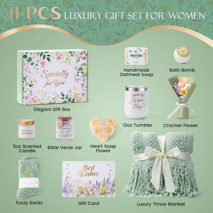 Birthday Gifts for Women, 11 Pcs Sage Green Self Care Package Get Well Soon Gift Baskets, Inspirational Thinking of You Thank You Gift with Bath Spa Gift Set - Unique Gifts for Women