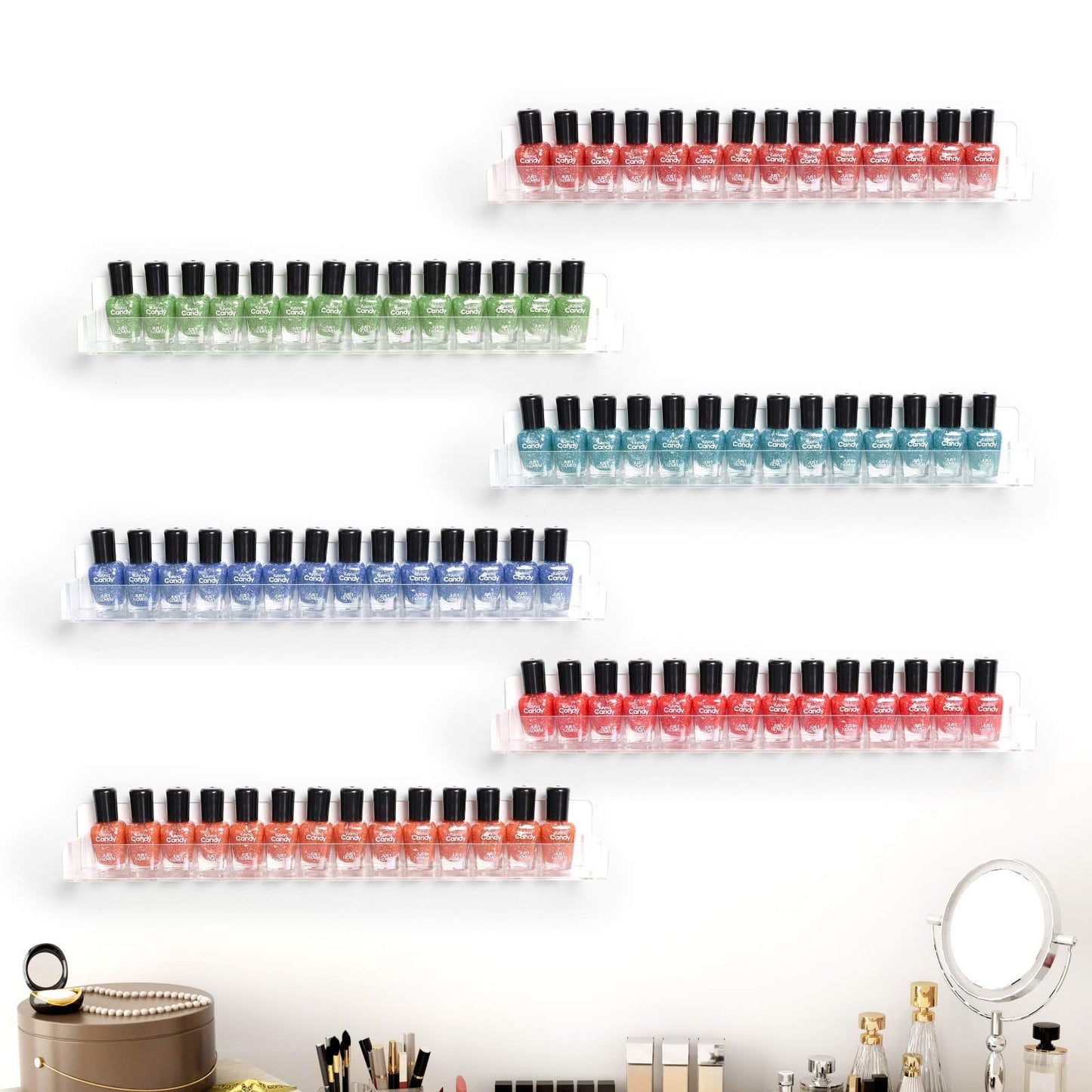 BTremary 15" Acrylic 6 Shelves Nail Polish Wall Mounted Holder Paint Organizer Storage Rack Clear Hanging Nail Polish Shelf Floating Wall Mount Nursery Bookshelves Vinyl Display Record Holder.