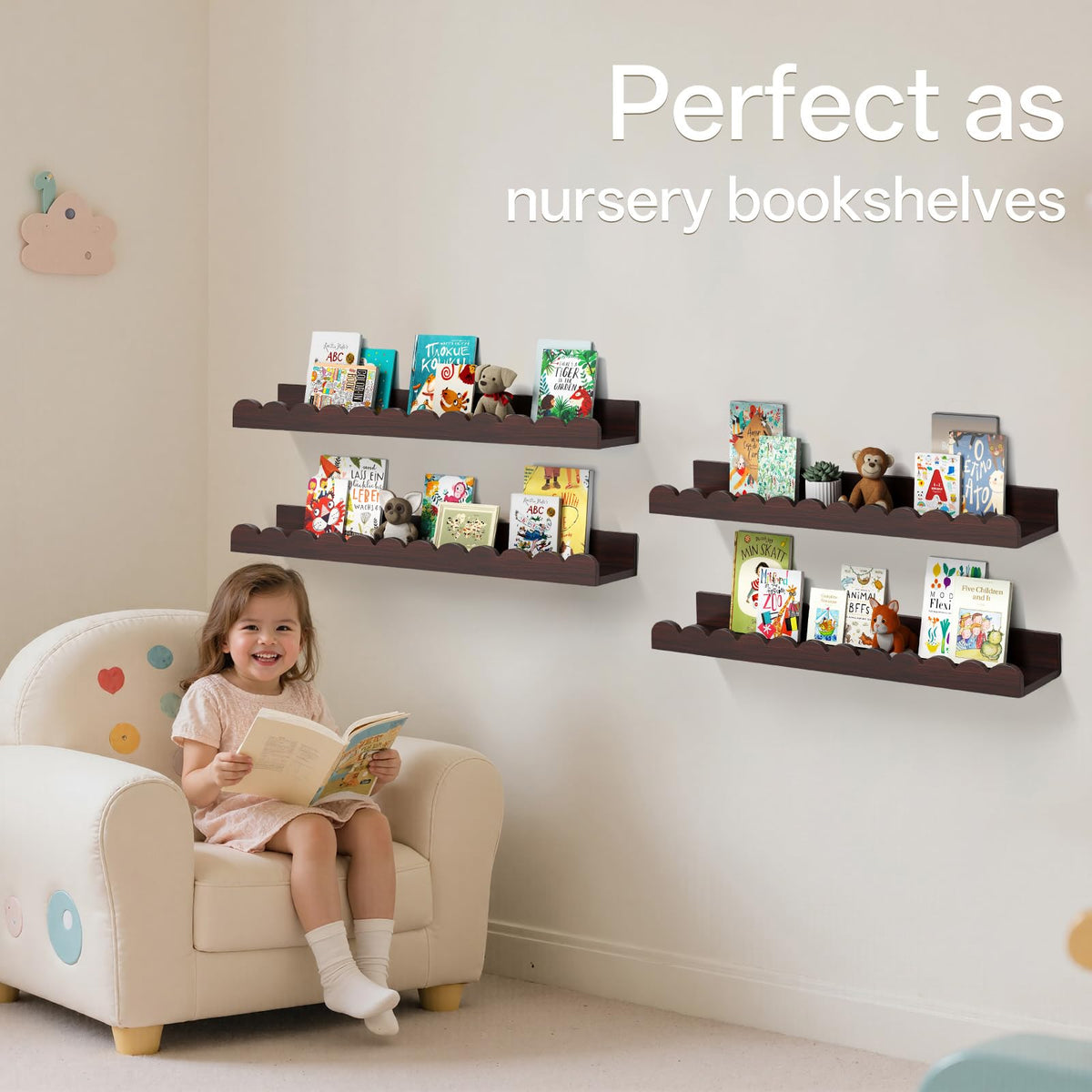 Conamily Walnut Scalloped Book Shelf, Dark Wood Nursery Book Shelves Set of 2 Pine Wooden Floating Bookshelf for Wall Cloud Picture Ledge Shelf for Kids Bedroom Baby Child Toddler Room Kitchen(90cm)