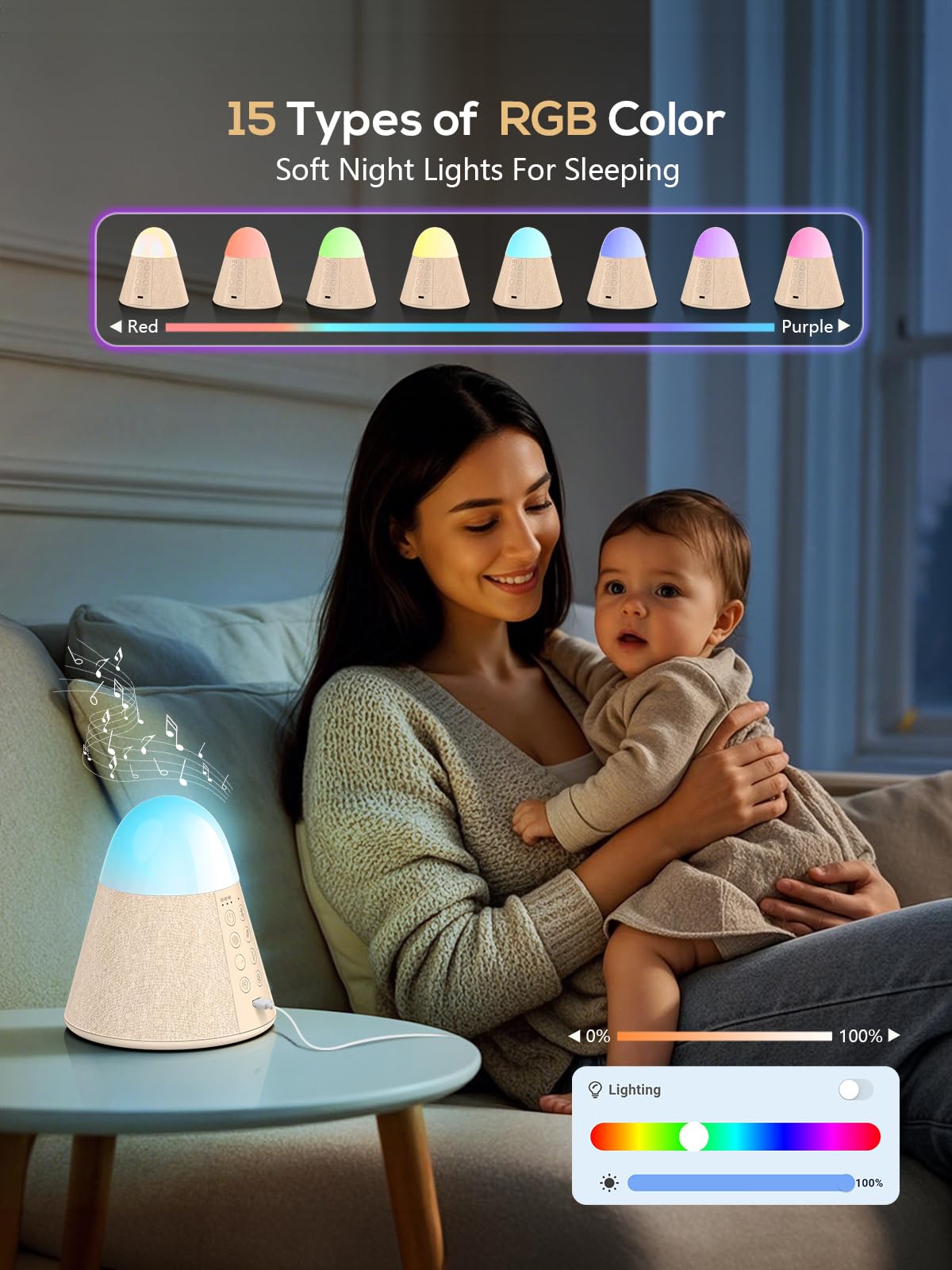 Vanzon Baby Sound Machine, Smart App Control White Noise Machine with 54 Soothing Sounds & 15 RGB Night Light Modes and Auto-Off Timer, Suitable for Adults & Kids Sleeping