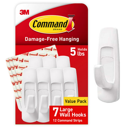 Command 5 lb Large Utility Hooks, 7 Wall Hooks and 12 Command Strips, Damage-Free Hanging with Adhesive Strips, No Tools for Hanging Christmas Decorations